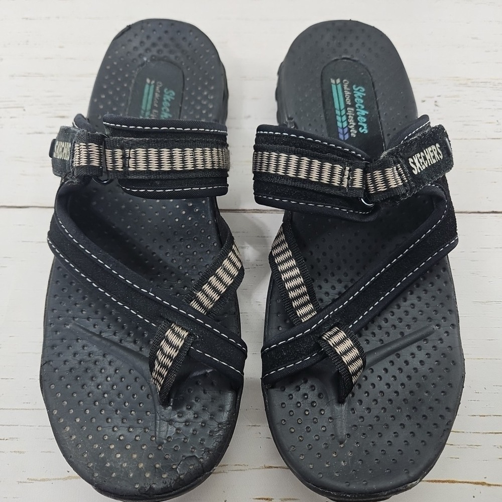 Skechers Reggae Rasta Women 8 Black Tan Flip Flop Thong Sandals Slip On Comfort - Picture 5 of 10